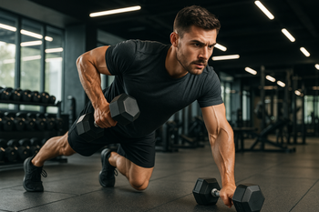 Man lifting weights or engaging in bodyweight exercises.